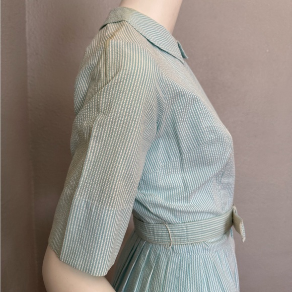 Vintage 50s Blue Striped Button Belt Fit & Flare Shirtwaist Day Dress S - Picture 9 of 15